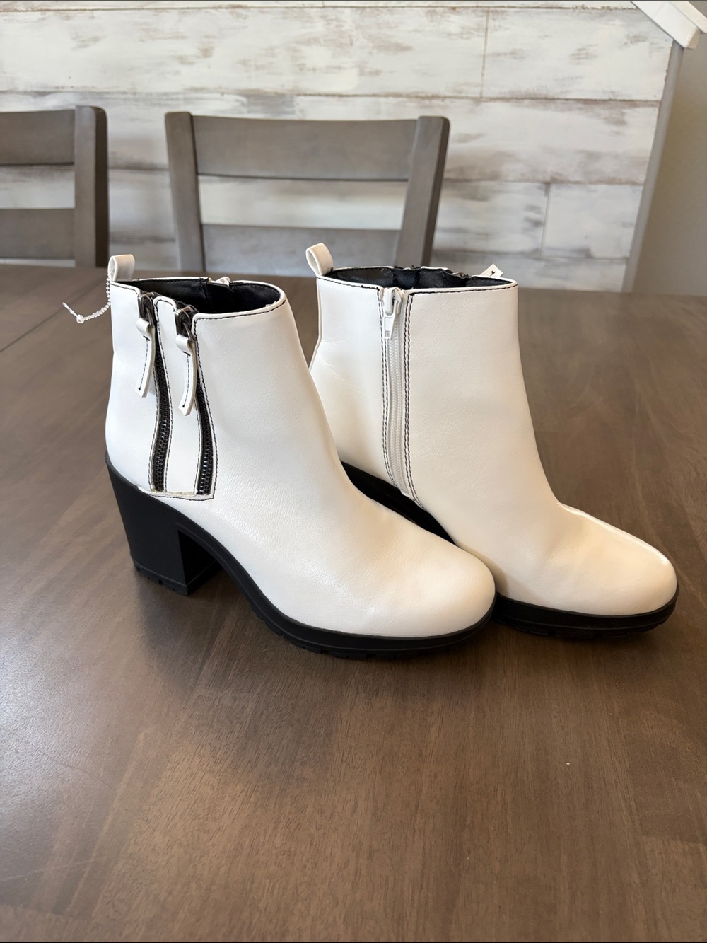 White Leather Ankle Booties with Black Block Heel